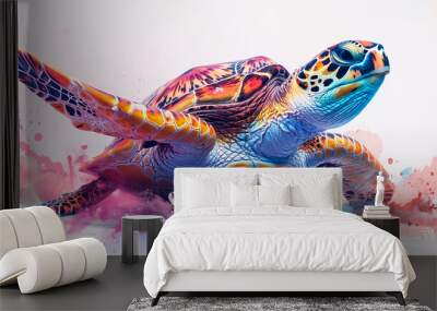 A bright, sea turtle swimming in the sea. Watercolor illustration. Wall mural