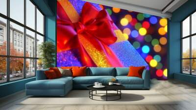 A close-up of a glittery gift box wrapped with a red ribbon against a background of colorful holiday lights, evoking festive celebration and joyful atmosphere. Wall mural