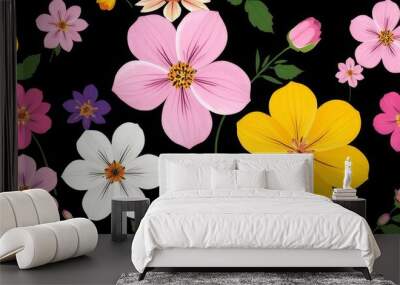 A colorful flower pattern with a black background. The flowers are of various colors and sizes, and they are arranged in a way that creates a sense of depth and dimension Wall mural