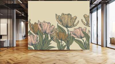 A decorative border of flowers and branches is highlighted on a black background. A pattern of leaves. Vector illustration. For nature, eco and design. Hand-drawn plants, a frame for a postcard. Wall mural