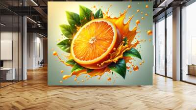 A dynamic and vivid digital illustration of an orange slice with splashing orange juice and droplets accompanied by fresh green leaves. Label product. Branding. Flyer. Card. Poster. Design. Wall mural