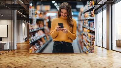 a girl standing between shelves in a supermarket looking at her phone and smiling, concept of retail sales, discounts and online offers, news Wall mural