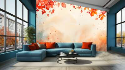 A long panorama on a white background of a row of colorful trees, leaves in a warm forest landscape of the autumn rainbow spectrum. Wall mural