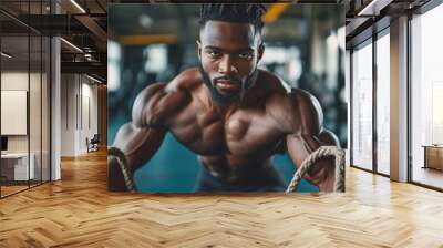 A man with a beard and a muscular body is holding two ropes Wall mural