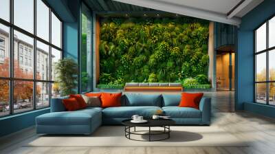 A modern huge hotel lobby with elegant furniture, a lively green wall and breathtaking green plants in natural light. New attractive office design. Wall mural