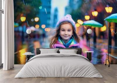 A photo of a beautiful young girl in a rainbow colors jacket standing on a city street Wall mural