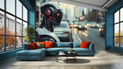 A robot stands on a street in front of a car Wall mural