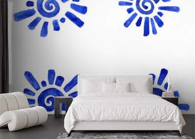 a seamless pattern of blue suns on a white background casually drawn in watercolors Wall mural