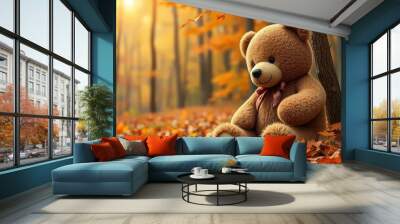 A teddy bear is sitting in a pile of autumn leaves. The bear is brown and has a red ribbon around its neck. The scene is peaceful and serene, with the bear looking out into the distance Wall mural