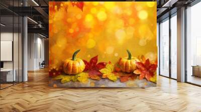 A vibrant orange background, resembling textured paper, features a border of colorful autumn leaves in deep red and golden yellow, with a small decorative pumpkin nestled among them. Wall mural