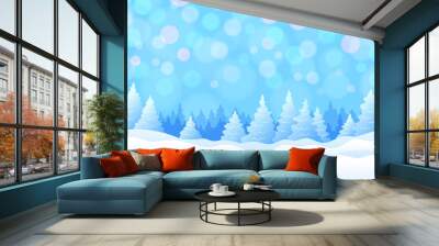 Winter background with snowy fir trees, snowdrifts and radiance Wall mural