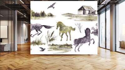 Abstract landscape with an old house, grasses, trees, birds, horses and a fence. Watercolor illustration on a transparent background. Wall mural