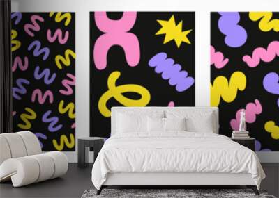 Abstract retro set colorful backgrounds with naive playful shapes on a black background. Trendy vector illustration Wall mural