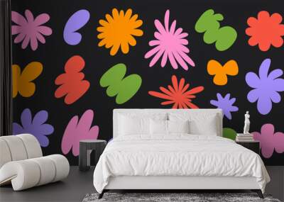 Abstract set colorful retro groovy shapes on a black background. Vector illustration in style 90s, 00s Wall mural