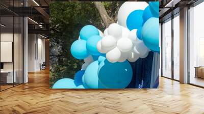 Air balloons background, big bunch of helium balloons, happy birthday, surprise for holiday, decoration. Festive background of blue and white air balloons of different sizes on sky background. Wall mural