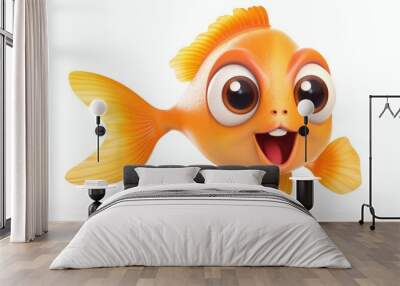 An orange fish with big eyes and a big smile on a white background. Generative AI. Wall mural