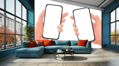 Man hand and woman hand holding the black smartphone blank screen with modern frameless design. Vector illustration isolated on white background. Wall mural