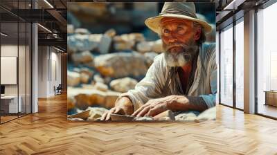 Archaeologist excavating ancient pottery at a newly discovered historical site for research Wall mural