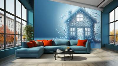 Artistic representation of bubble structures, house front view made of bubbles on soft blue background. Wall mural