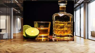 Background A bottle and a glass of tequila stand on the table next to a lime Wall mural