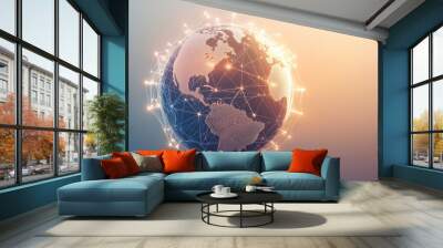 Global connectivity visualization with light rays and network connections over Earth Wall mural