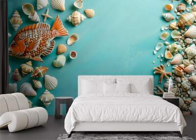 banner for world ocean day, fish made from shells on blue background with copy space	 Wall mural