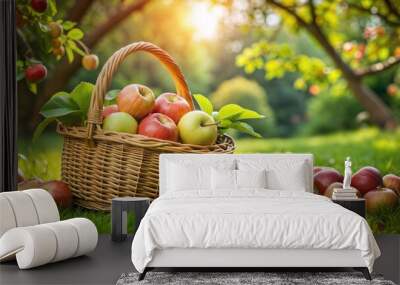 Basket of fresh apples in the orchard Wall mural