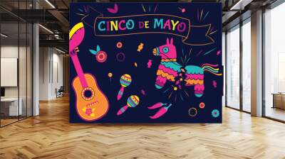 Beautiful vector illustration with a design for the Mexican holiday May 5, Cinco de Mayo. Vector template with piñata, tequila, sambrero, Mexican guitar, flowers, red pepper Wall mural