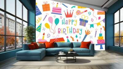 Birthday cartoon collection, cake, candles, confetti icons, happy birthday lettering, vector illustrations of gifts and balloons, set of childish cute elements for greeting cards, invitations Wall mural