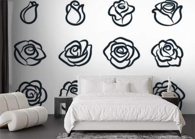 black and white rose flower vector illustration. simple rose blossom icon set. nature, gardening, lo Wall mural