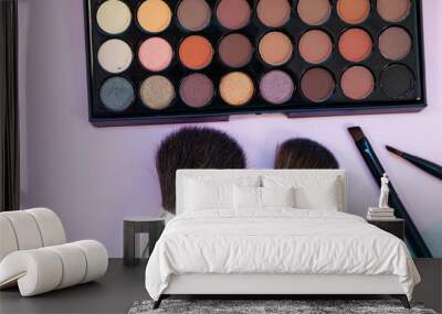 Cosmetics and brushes on a pink-blue background. Wall mural