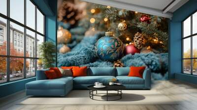 Blue christmas ball sitting on a blue blanket Wall mural