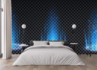 Blue hologram portal. Magic fantasy portal. Magic circle teleport podium with hologram effect. Vector blue glow rays with sparks on transparent background. Wall mural