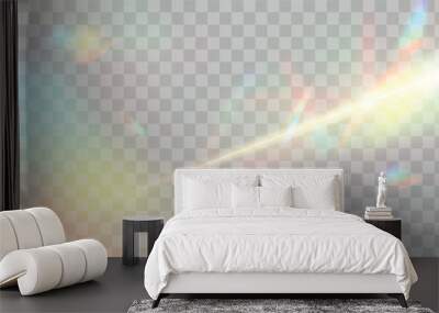 Blurred rainbow refraction overlay effect. Light lens prism effect on transparent background. Holographic reflection, crystal flare leak shadow overlay. Vector abstract illustration. Wall mural