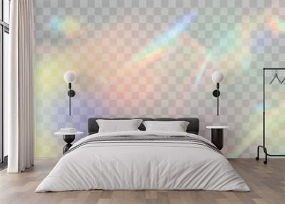 Blurred rainbow refraction overlay effect. Light lens prism effect on transparent background. Holographic reflection, crystal flare leak shadow overlay. Vector abstract illustration. Wall mural