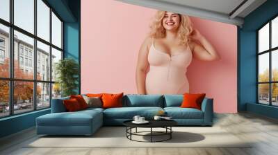 Body positivity, happy smiling plus size model blonde in flesh color underwear on pink background, copy space for text. Generative AI Wall mural