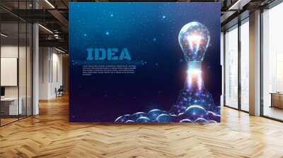 Bulb launch, wireframe polygonal style. Internet technology network, business startup concept with glowing low poly rocket. Futuristic modern abstract background. Vector illustration. Wall mural