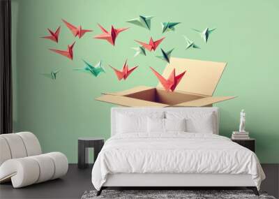 Bursting with Creativity: Illustrated Cardboard Box Releasing Colorful Ideas and Playful Doodles in a Soft Pastel Palette. Ideal for Design and Brainstorming Sessions. Wall mural