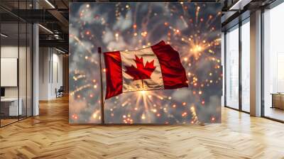 Canadian flag close-up against the background of festive fireworks	 Wall mural