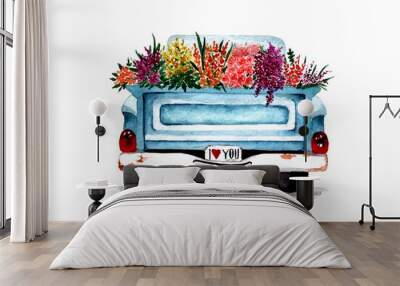 car pickup with flowers in the back painted in watercolor Wall mural