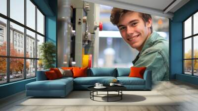 Cheerful young male apprentice in a workshop with machinery Wall mural