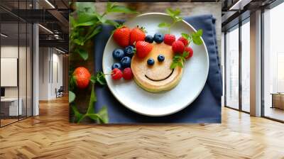 Child food. Funny food. Plate with pancakes with berries and chocolate in form of funny face. Children's menu. Сhildren's lunch concept. AI Generative Wall mural