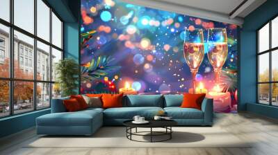 Christmas banner with copy space, two glasses of champagne on colorful festive background with Christmas tree decorations and confetti and bokeh with place for text Wall mural