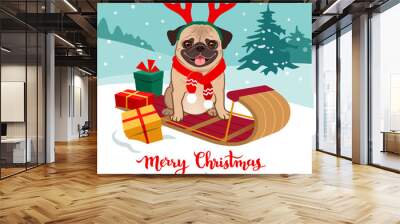 Christmas pug dog cartoon illustration. Cute pug puppy wearing red scarf and antlers sitting on toboggan with gifts, winter snowy hills with trees in background. Pets, dog lovers, Christmas theme. Wall mural