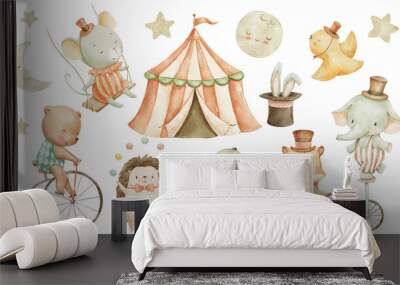 Circus cute animals, watercolor illustrations set for nursery and kids. Woodland baby animals Wall mural