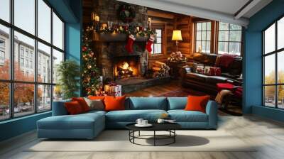 Christmas eve cozy mood in classic decorated living room with fire burning in fireplace, christmas tree, candles and gifts  inside wooden house. Wall mural