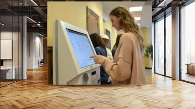 Clinic reception area with a woman using a digital check-in kiosk Wall mural