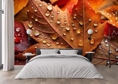 Close-up of autumn leaves with water droplets on vibrant red and orange foliage Wall mural