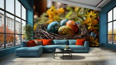 colourful easter eggs in a bird's nest Wall mural