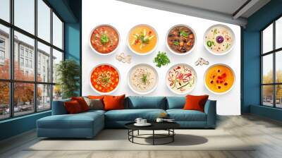 Composition with various soups, ingredients and space for text on white background. Healthy food, high definition soups, slight top view, compilation, white background. AI Generative Wall mural